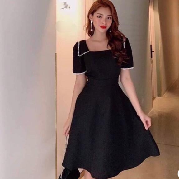 Đầm xòe cổ vuông đính hạt chất thun umi