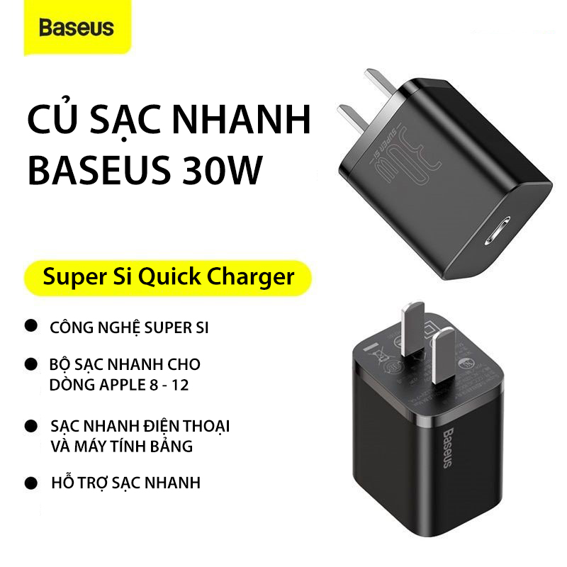 Củ sạc nhanh Baseus Super Si Quick Charger 30W dùng cho iPhone/ Samsung/ OPPO ( Type C, PD/ QC3.0 ) - Hàng chính hãng