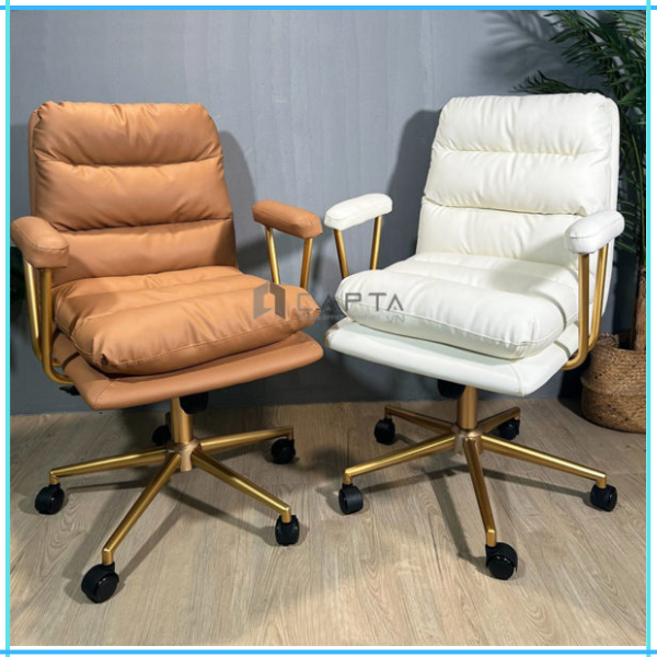 Hình ảnh Ghế xoay làm việc tại nhà nhỏ gọn màu nâu bò chân nhũ vàng nhập khẩu CE1018-P-Leather work from home brown chair