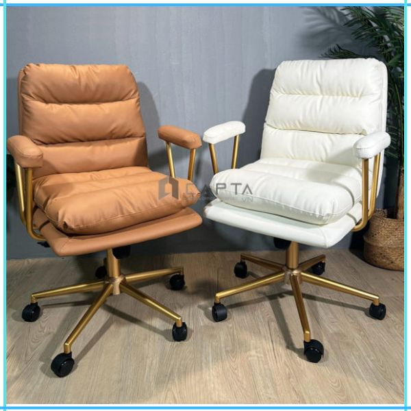 Ghế nữ làm việc màu trắng nệm da PU chân tăng giảm Ghế trang điểm chân nhũ vàng CE1018-P - Golden leg leather chair