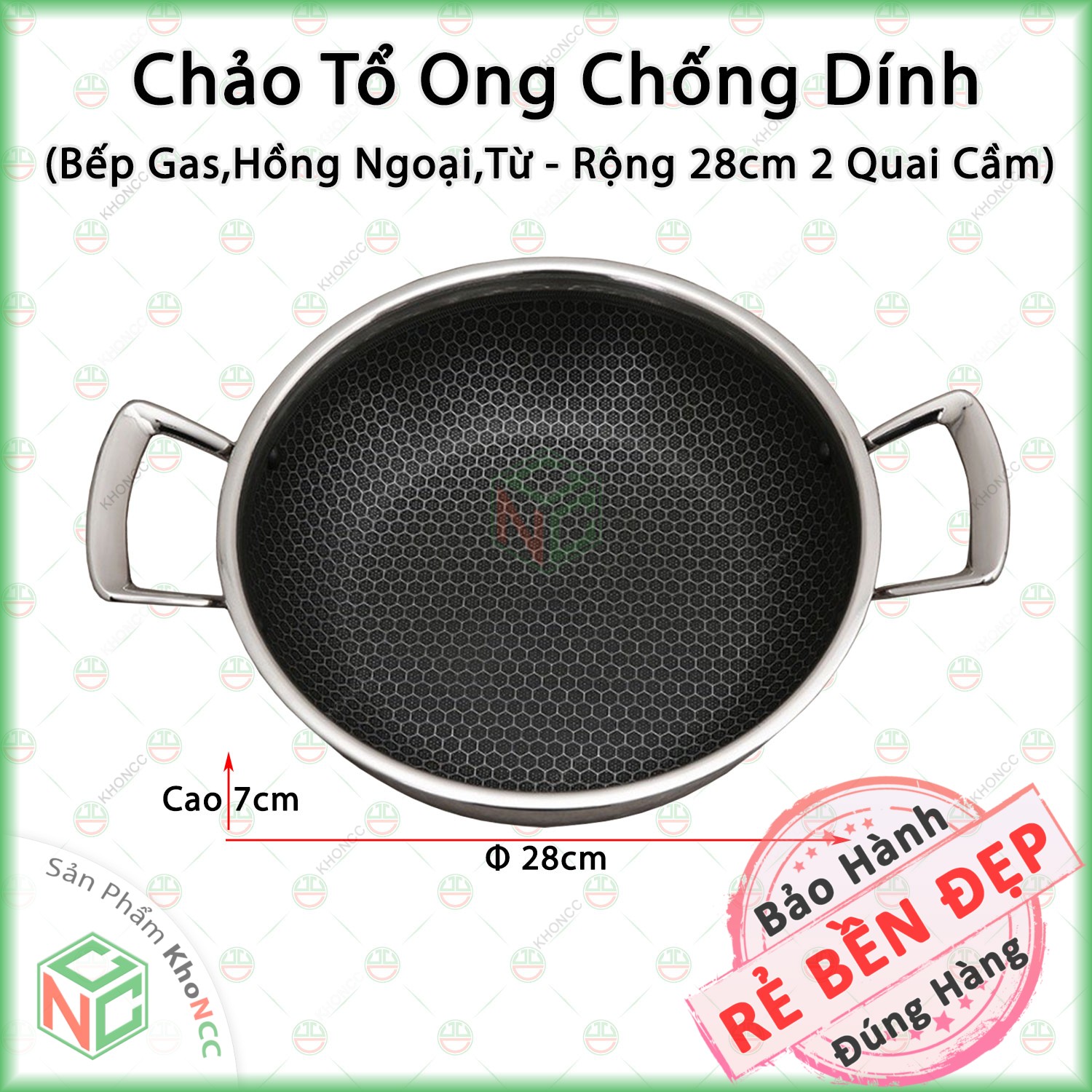 (Cực Dày) Chảo Chống Dính Vân Tổ Ong KhoNCC Hàng Chính Hãng - 2 Quai Tay Cầm - Đường Kính Cỡ 28cm - Dày Dặn Dùng Các Loại Bếp Kể Cả Bếp Từ - KLM-CCD2Q28CM