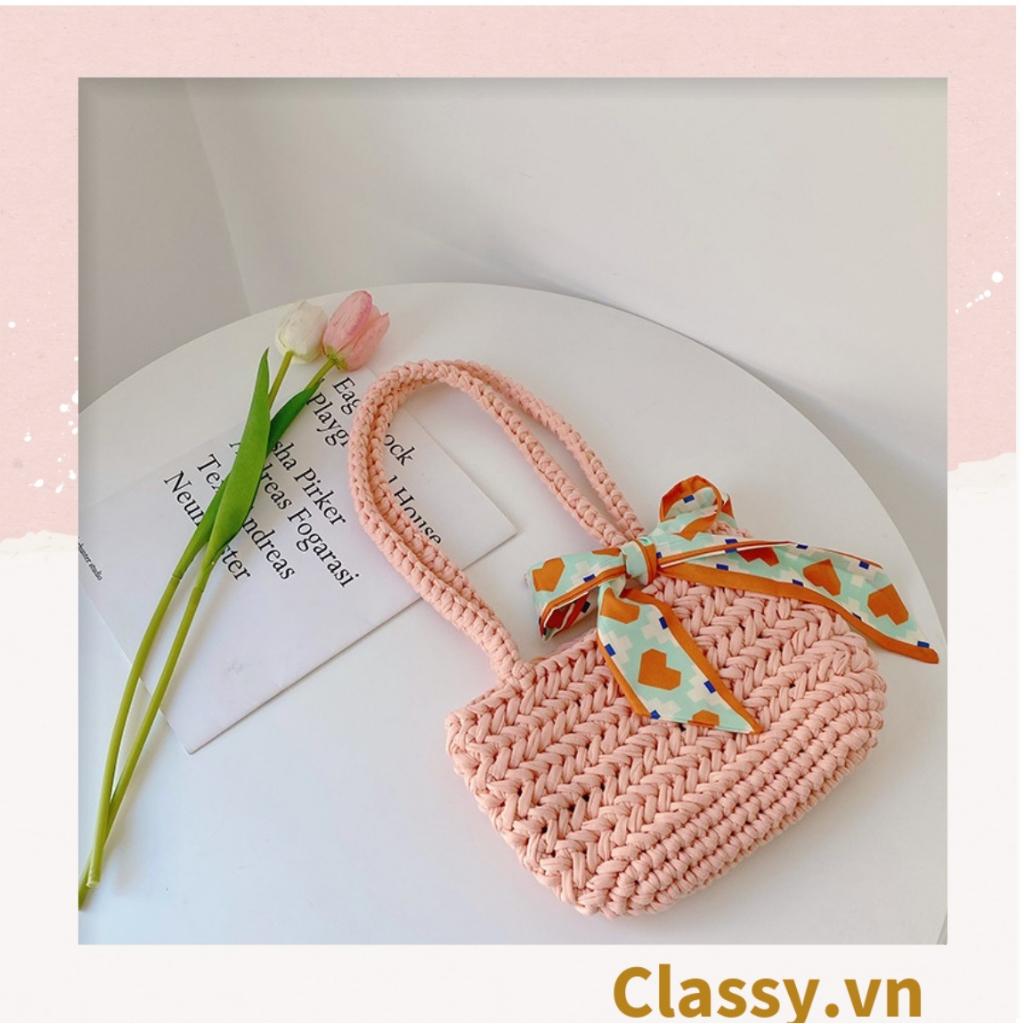 Túi làm từ sợi len nhiều màu pastel Classy, quai xách chắc chắn có đính kèm nơ thời trang T1240 (đã dệt thành phẩm)