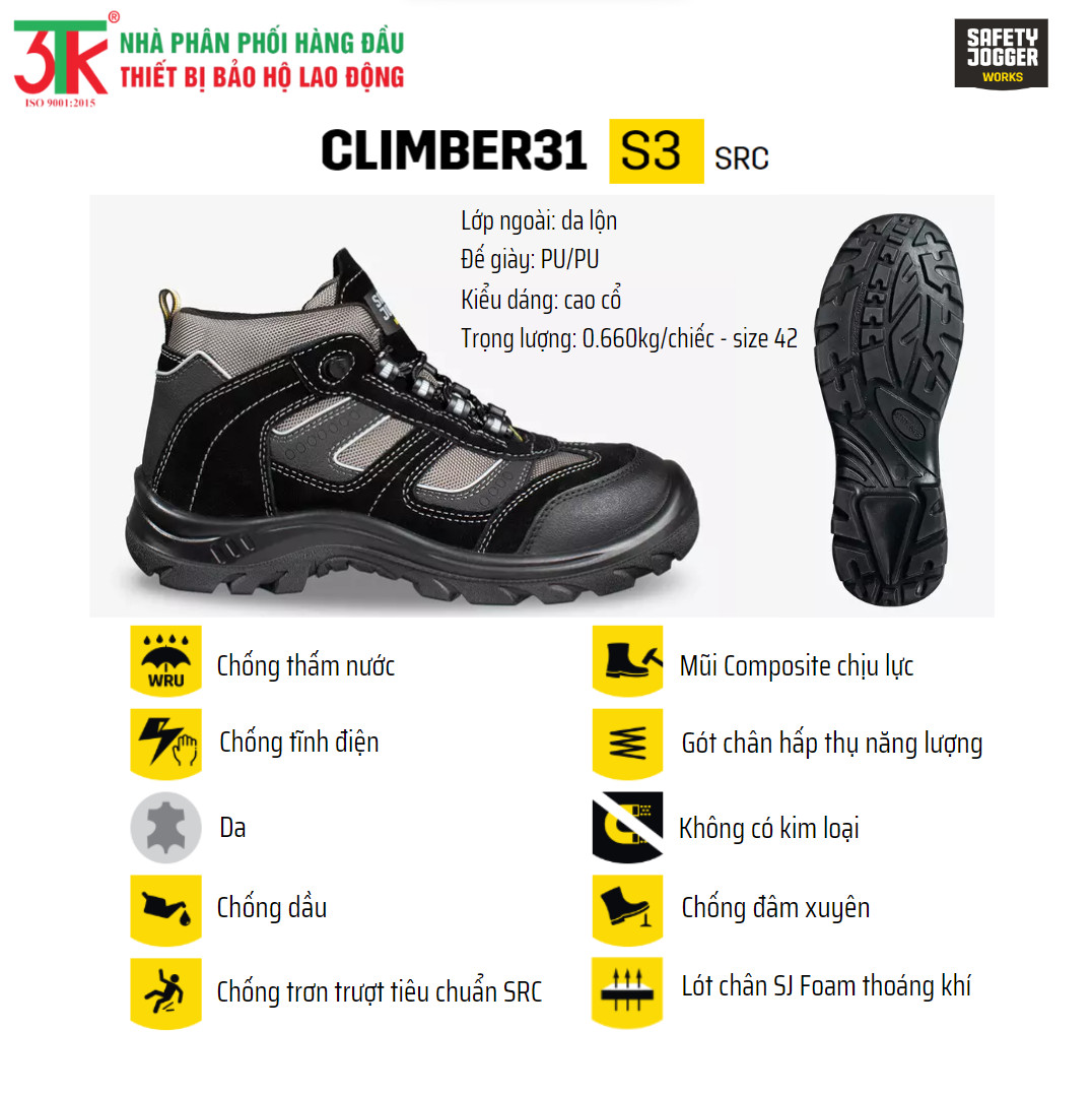 Giày Bảo Hộ Lao Động Climber31 S3 Da Cao Cấp chống đinh Chống Trơn Trượt, Chống Va Đập, Chống Tĩnh Điện trong Công Trình Xây Dựng