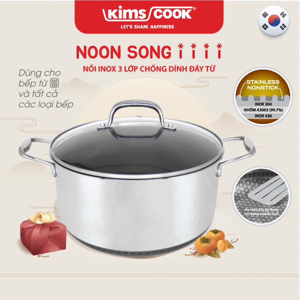 Nồi KIMS COOK Noon Song inox 3 lớp đáy từ nắp kính chống dính 2 mặt