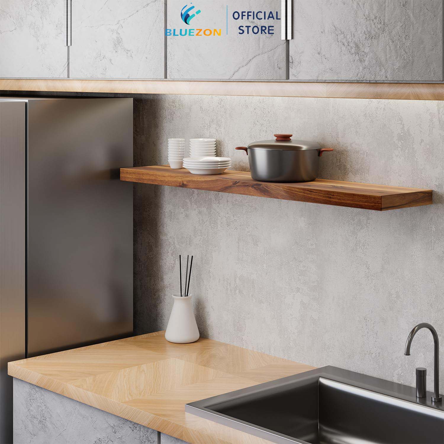 Combo 2 kệ gỗ BLUEZON treo tường trang trí 91.5cm, kèm chốt âm tường chữ U, phụ kiện vít tắc kê