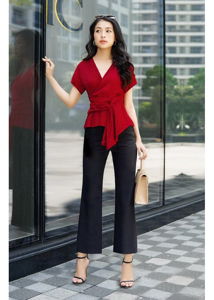 Set nguyên bộ quần ống suông áo đắp chéo xếp ly xinh xắn