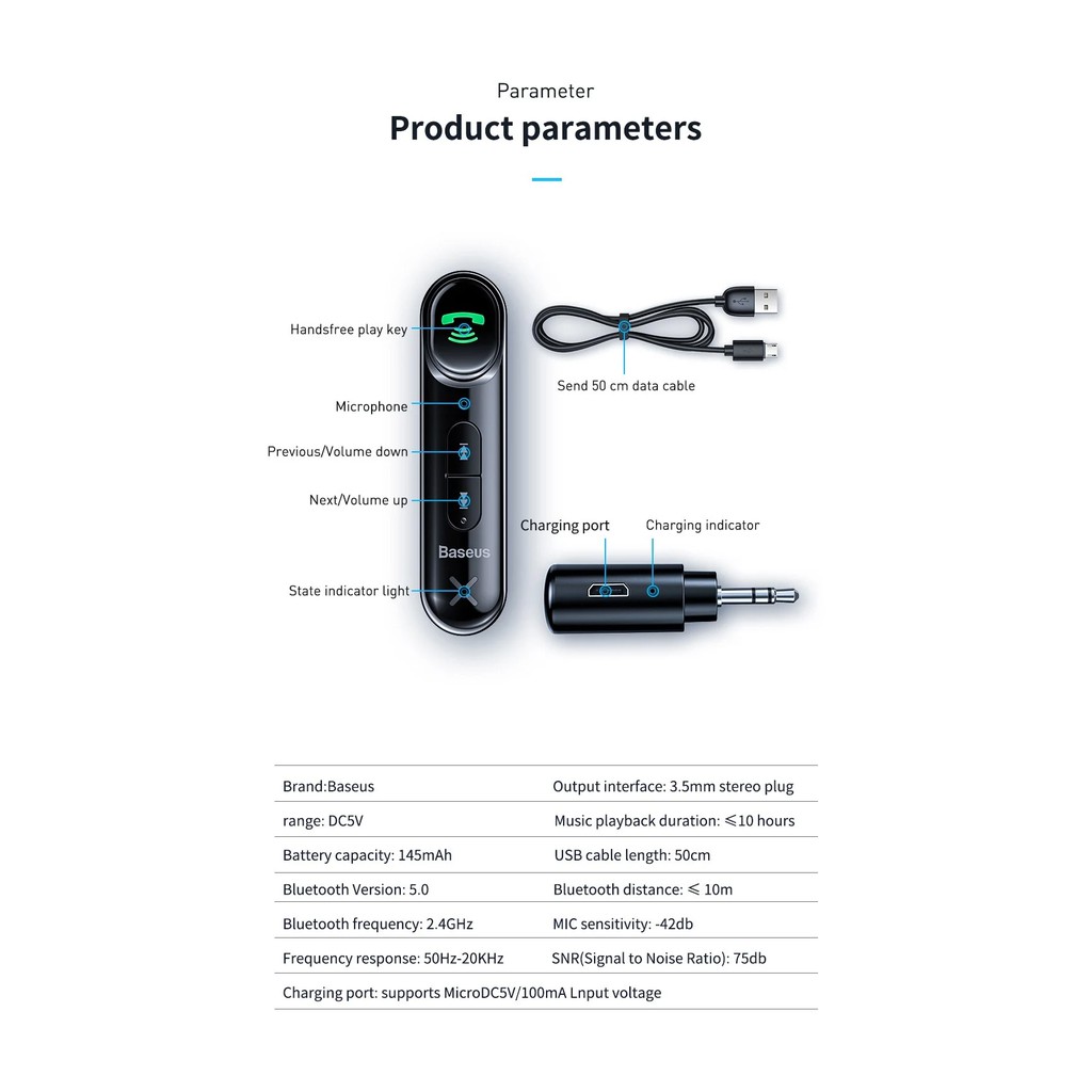 Thiết bị tạo Bluetooth kết nối 3.5mm cho loa ô-tô / tai nghe / loa thường Baseus Type7 AUX Wireless Receiver WXQY-01 - Hàng chính hãng