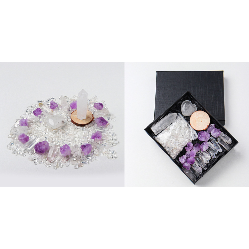 Hộp Quà Chakra Đá Trái Tim, Đá Trụ, Đá Vụn, Đá Amethyst Tooth Kèm Trụ Đá Nhỏ