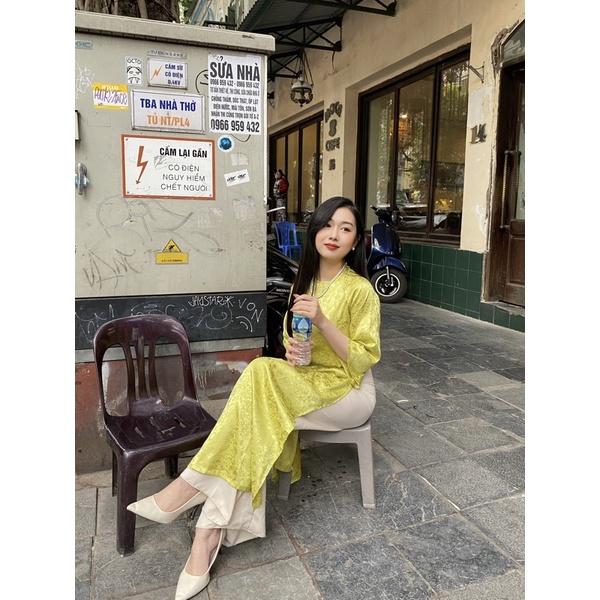 Áo dài Gấm Trà hoa - Màu Cốm