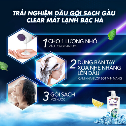 Dầu Gội Clear Sạch Gàu Dầu Gội Sạch Gàu Mát Lạnh Bạc Hà 3X Sức Mạnh Đánh Bay Gàu, Ngứa, Vi Khuẩn 880G