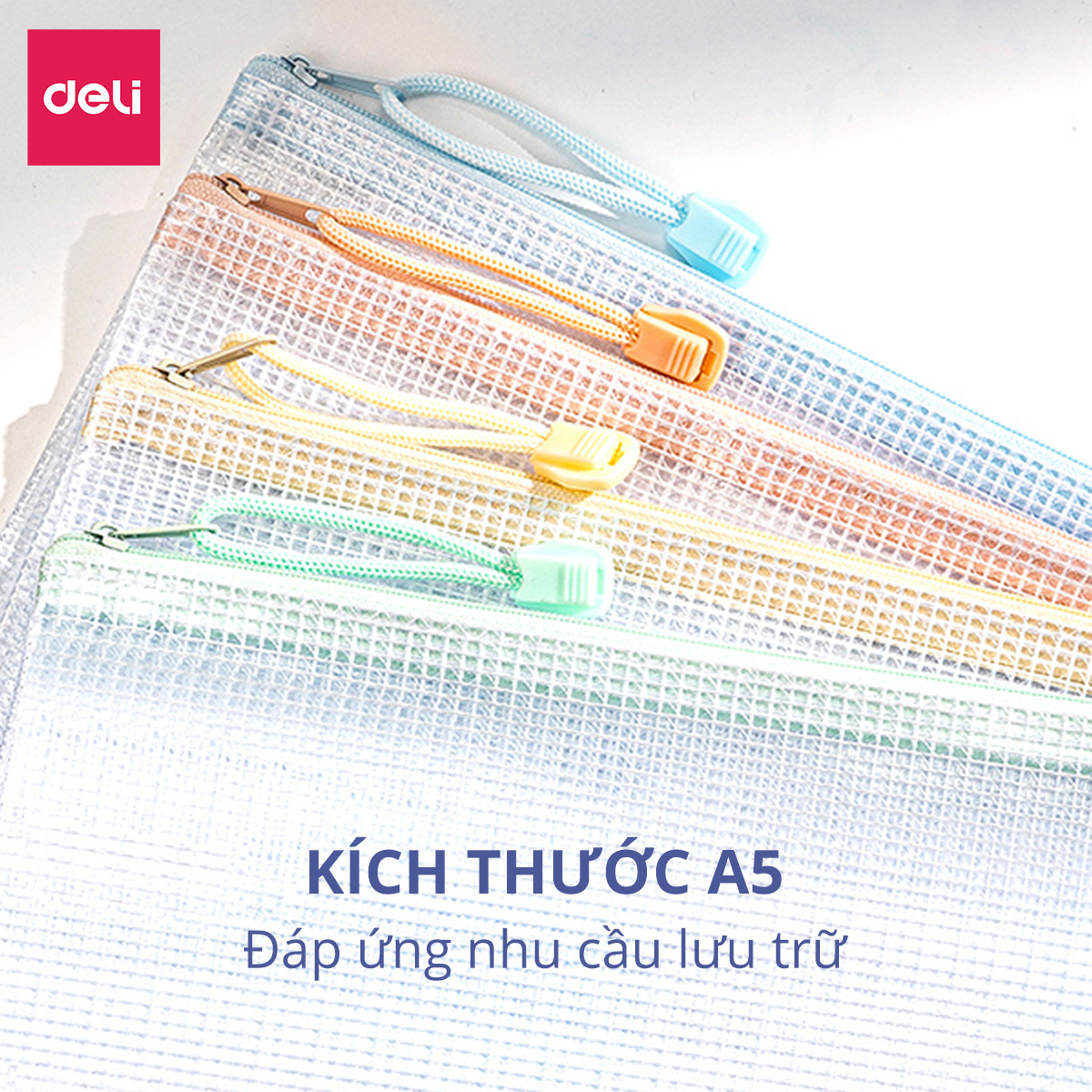 Hình ảnh Túi lưới đựng đồ trong suốt đa năng A5 có khóa kéo tiện dụng Deli, Túi đựng Bút Viết, Túi đựng Mỹ Phẩm, Túi đựng Đồ dùng cá nhân đi du lịch - Túi sức chứa lớn, không để lại vết hằn khi bị uốn cong