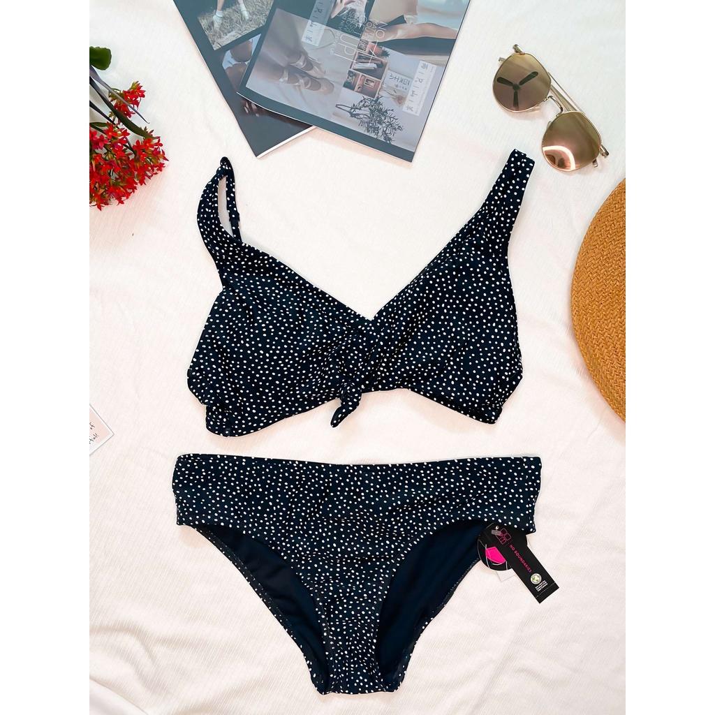 Bikini đồ bơi đi biển 2 mảnh đen chấm bi đen cổ tim nơ chân ngực - by Clothing De Katie