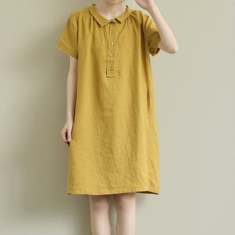 Đầm suông linen cổ sen vuông form rộng trẻ trung, chất vải linen mềm mát, thời trang phong cách Nhật Bản