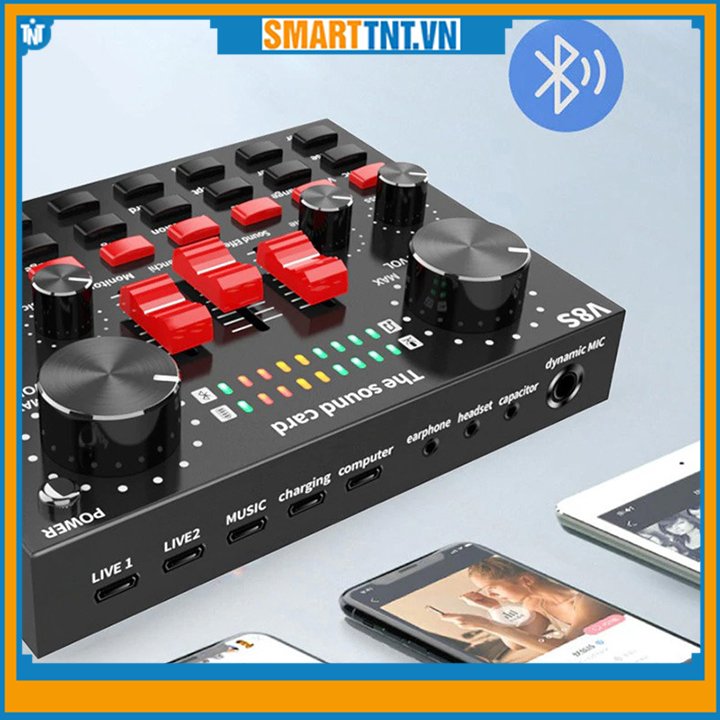 Sound card âm thanh V8S có bluetooth cùng pin sạc - hát thu âm, livestream và karaoke new