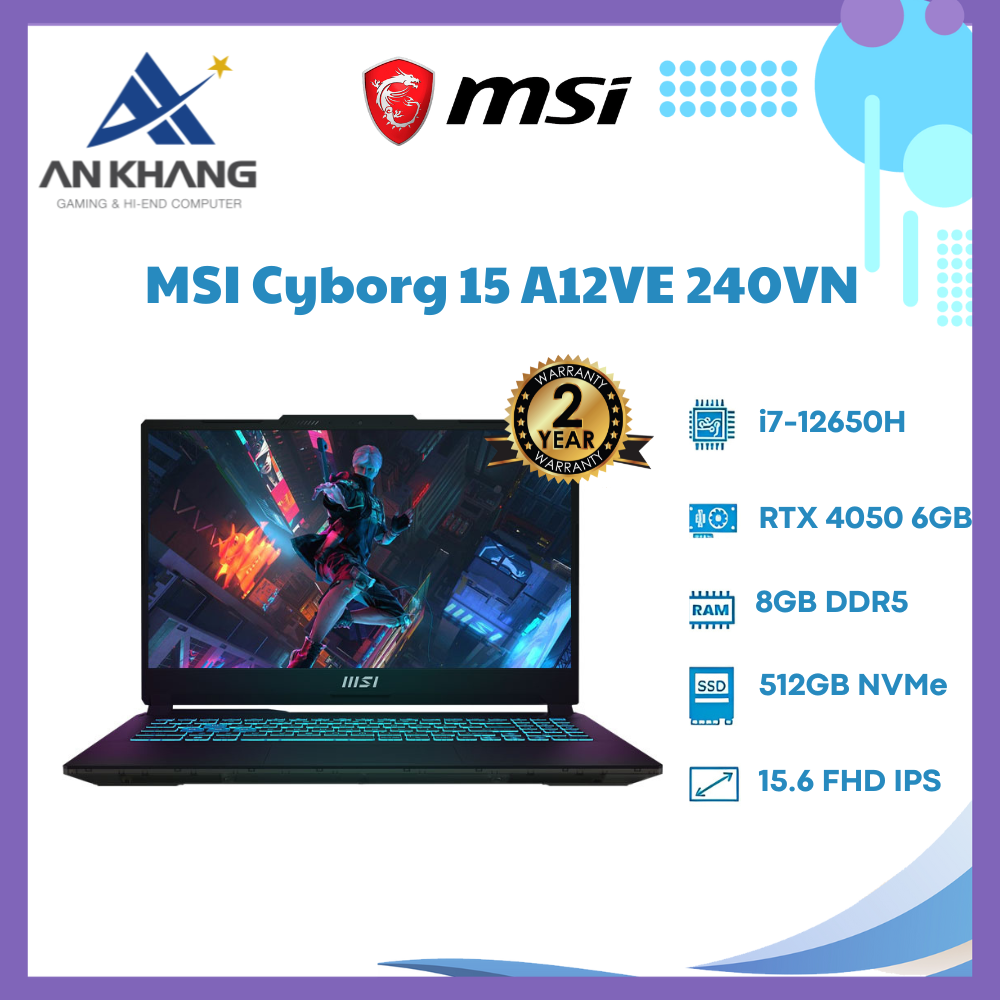 Laptop MSI Cyborg 15 A12VE 240VN (Intel Core i7-12650H | 8GB | 512GB | RTX4050 | 15.6 inch FHD | Win 11 | Đen) - Hàng Chính Hãng - Bảo Hành 24 Tháng