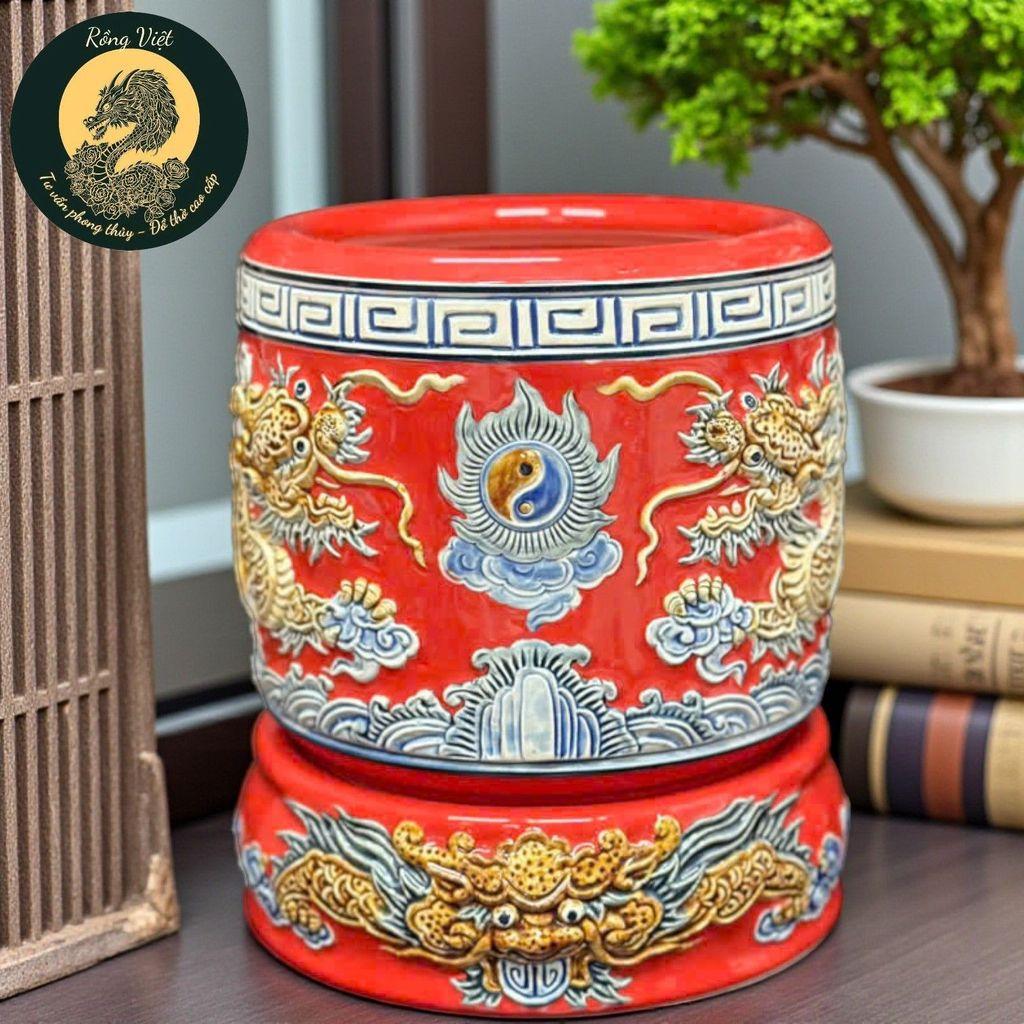 Bát Hương Rồng Đắp Nổi Cao Cấp Men Đỏ RỒNG VIỆT - Gốm Sứ Bát Tràng Bát Nhang Lư Hương Đẳng Cấp