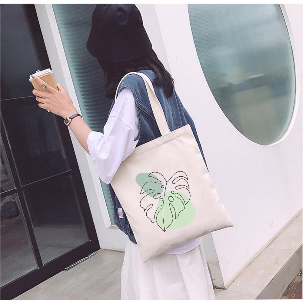 Túi tote vải mộc GINKO có dây kéo khóa miệng túi đựng vừa laptop 14 inch và nhiều đồ dùng khác in hình Minimalism Art M108