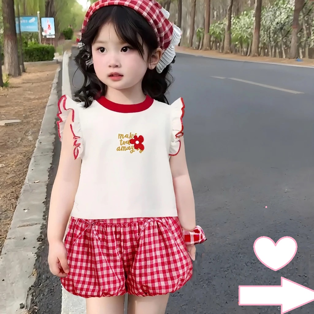 Set Đồ Bé Gái Tay Cánh Tiên Áo Thun Cotton Thêu Hoa Kèm Quần Bí Caro Xốp Đính Nơ Xinh Xắn Từ 8-30kg Dành Cho Bé Gái