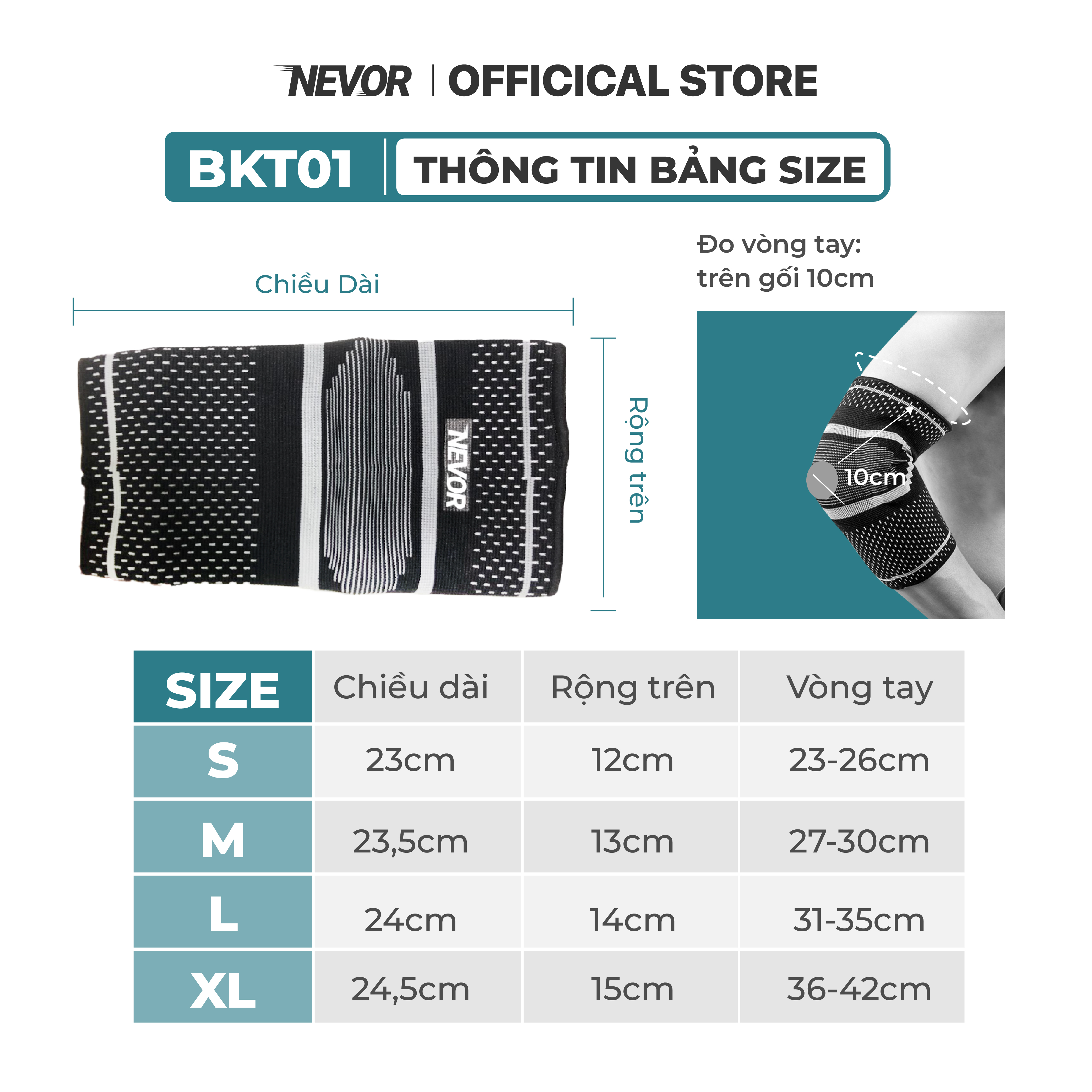 Bó khuỷu tay, cùi trỏ Nevor BKT01 bảo vệ, giảm thiểu chấn thương, hỗ trợ hồi phục sử dụng trong các môn thể thao gym