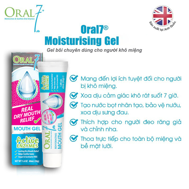 Gel tạo nước bọt nhân tạo chuyên dùng cho người khô miệng, rát lưỡi, viêm lợi Oral7 Moisturising Gel 40ml (Date 9/2024)