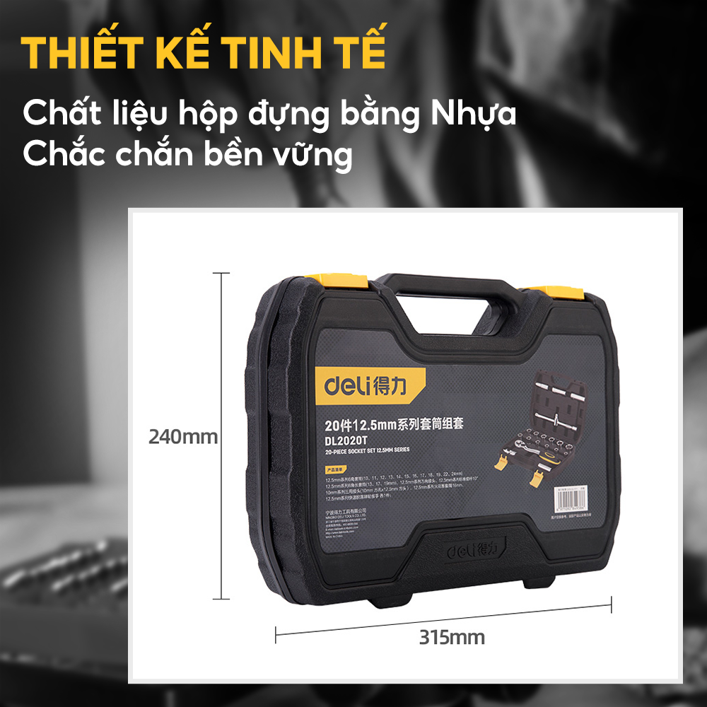 Bộ đầu tuýp 20 chi tiết bằng thép Cr-v 50BV30 cần tuýp 12.5mm Deli DL2020T