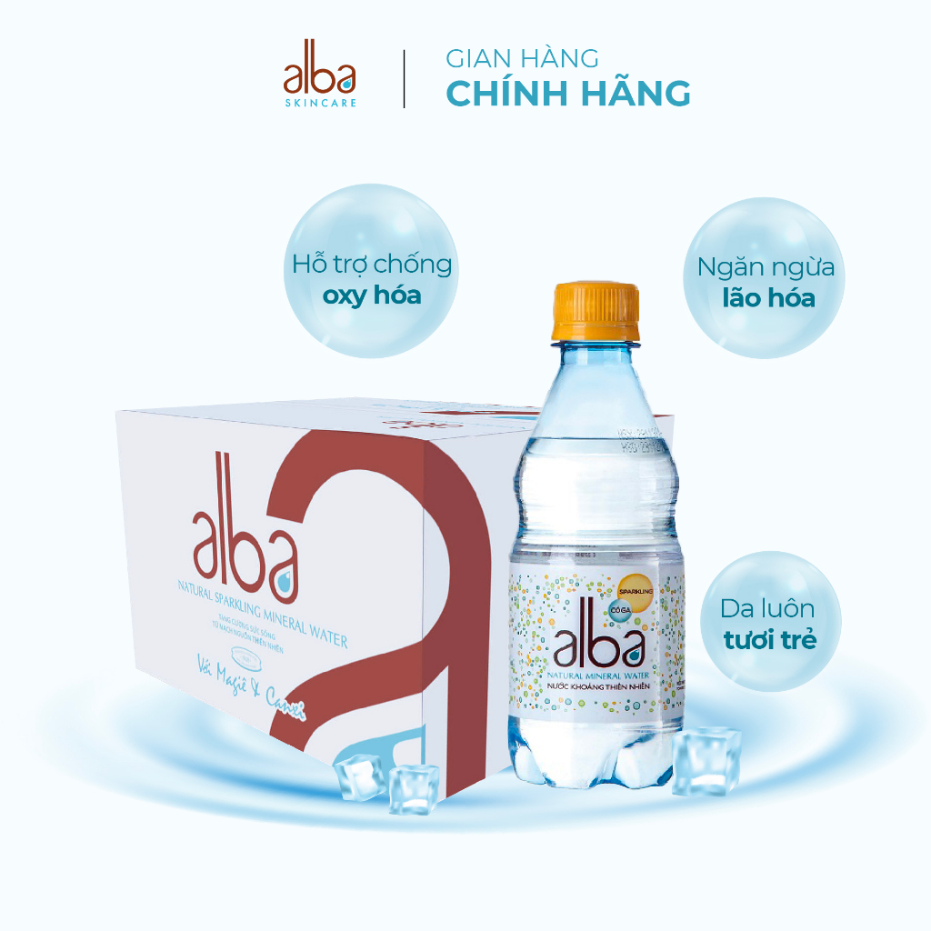 Combo Thùng 24 chai nước khoáng thiên nhiên có ga Alba 350ml + Xịt khoáng Alba Skin Care dành cho da khô 150ml