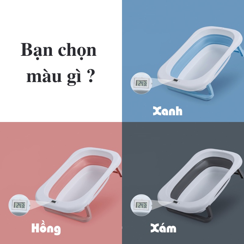 Chậu tắm cho bé, Chậu tắm gấp gọn cho bé sơ sinh nhiệt kế điện tử kèm phao tắm, lưới tắm