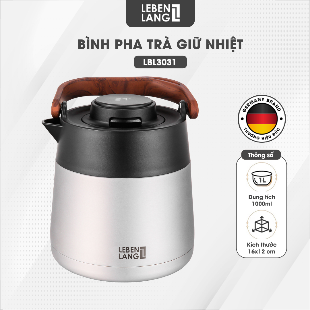 Bình pha trà giữ nhiệt inox có lõi lọc trà Lebenlang LBL3031, dung tích 1000ml - hàng chính hãng