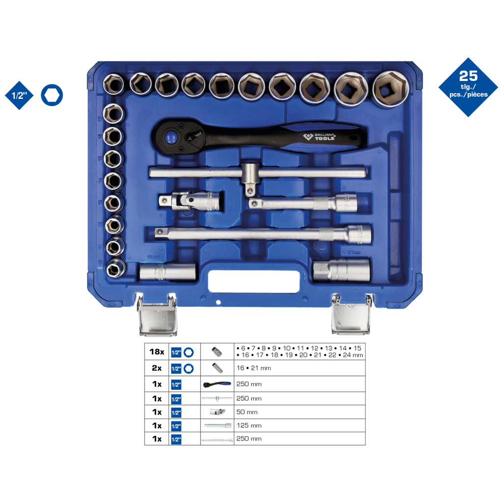 Bộ khẩu tay vặn KS Tools (Brilliant-Tools) 1/2 inch model BT022025, 25 chi tiết