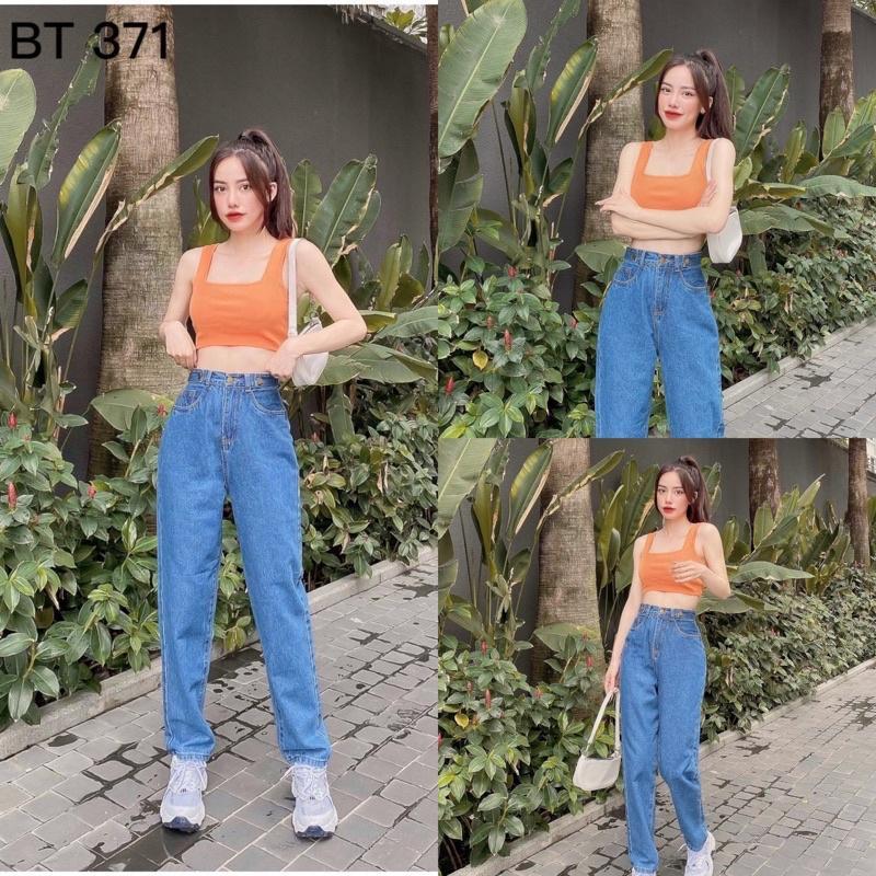 Quần baggy nữ màu xanh cạp cao 1 nút cách điệu lưng có bass xỏ đĩa Lê Huy fashion MS 371