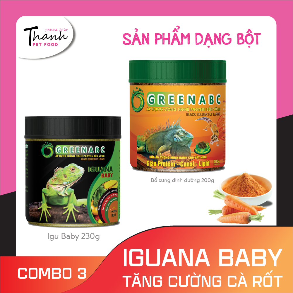 Thức ăn bò sát Iguana Baby nhãn GREENABC vị cà rốt dùng cho Iguana từ mới nở cho đến 9x – Tăng trưởng nhanh, lên màu đẹp, phòng chống MBD, teo đuôi – Hộp 230g