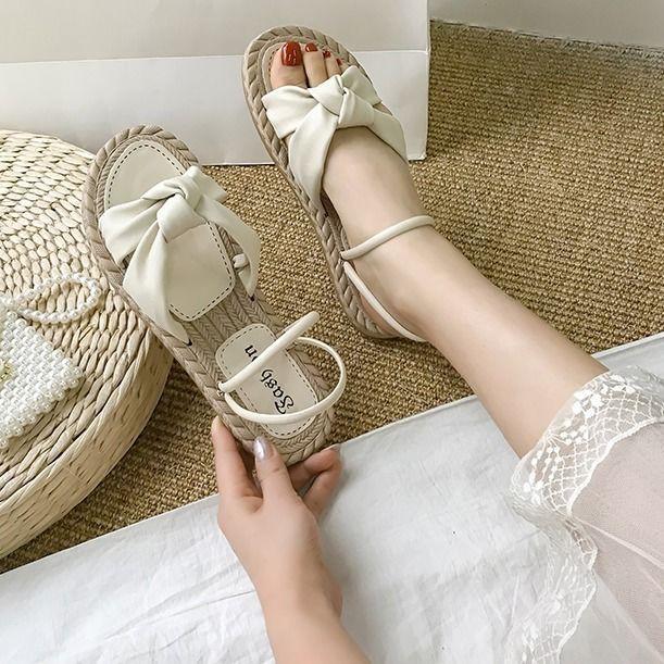 Dép sandal cói nơ đế bằng