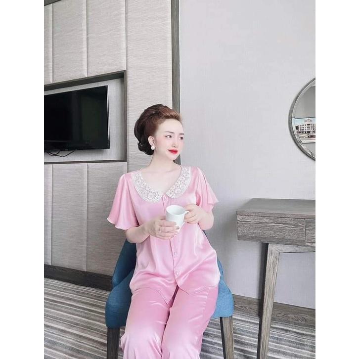 Đồ Ngủ Lụa Satin Quần Dài, Bộ mặc Nhà Cổ ren Tay Xòa Chất Vải Mát, Ít Nhăn Phom Thoải Mái, Dưới 58kg