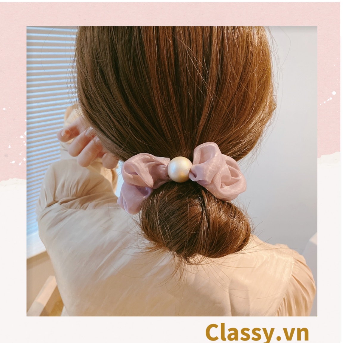 PK772 Scrunchies buộc tóc nhiều trơn màu, đính hạt; tông màu hoàng gia sang chảnh