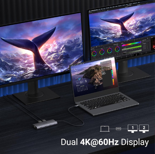 Hub USB-C 10 in 1 Ugreen 15534 CM639, hỗ trợ 2 HDMI 8K30hz và 4K60Hz, 3x USB-A, 1x USB-C, Card Reader, PD100W - Hàng chính hãng
