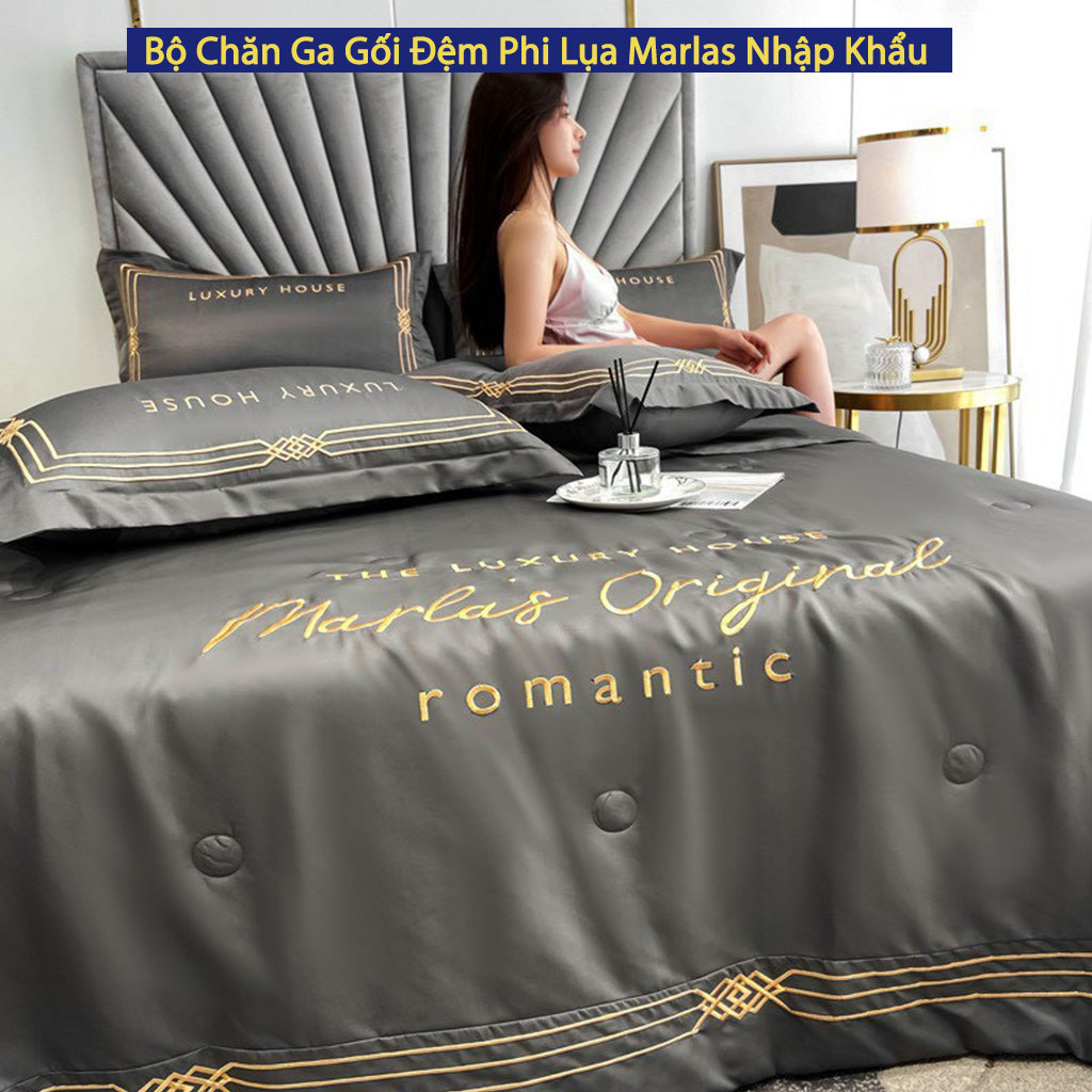 Bộ Chăn Ga Vỏ Gối Đệm Phi Lụa Nhập Khẩu Marlas Bộ Drap Giường Lụa Tencel Cao Cấp Bo Chun Drap Chăn Chần Bông