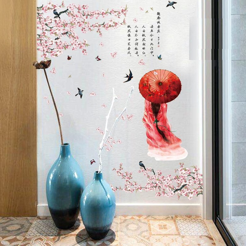 Decal dán tường cổ trang hai cô gái và hoa đào nở rộ