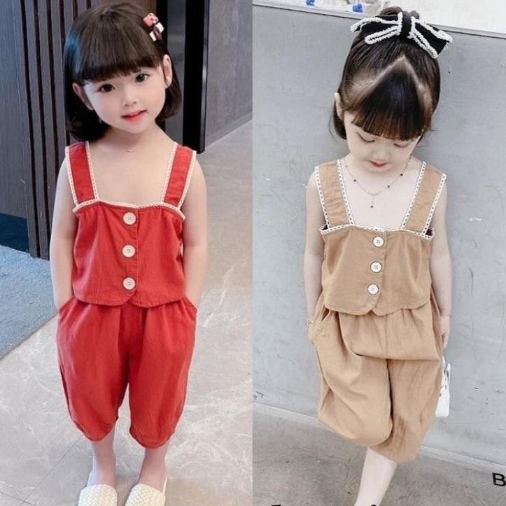 Bộ bé gái hè chất đũi 2 dây bản to phối bèo cúc