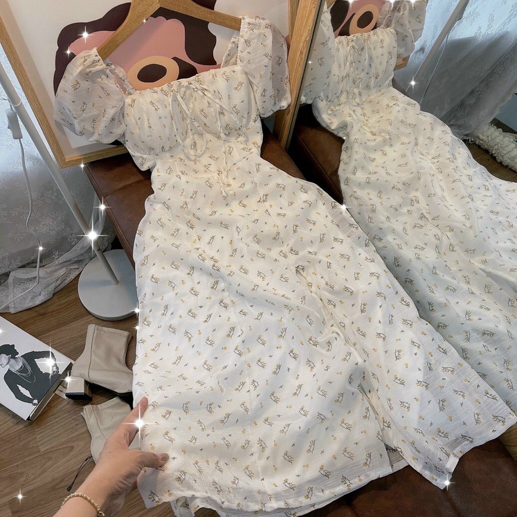 Đầm maxi hoa nhí cổ vuông nơ ngực