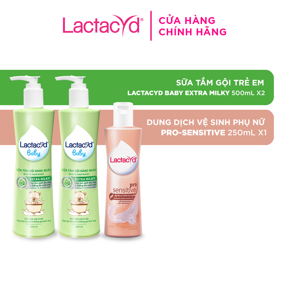 Bộ 2 Sữa Tắm Gội Trẻ Em Lactacyd Baby Extra Milky 500ml + 1 Dung Dịch Vệ Sinh Pro Sensitive 250ml