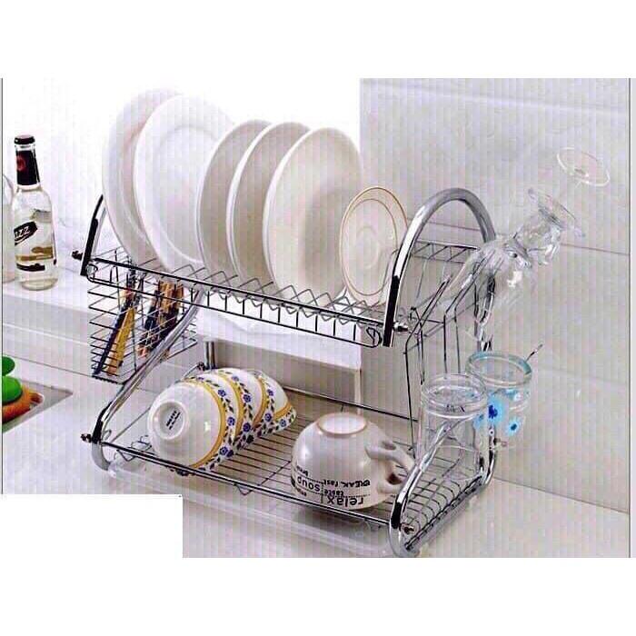 ✥◑ Kệ úp bát đĩa inox 2 tầng hình chữ S đa năng,có ống đựng đũa và giá treo ly bên hông,khay nhựa hứng nư
