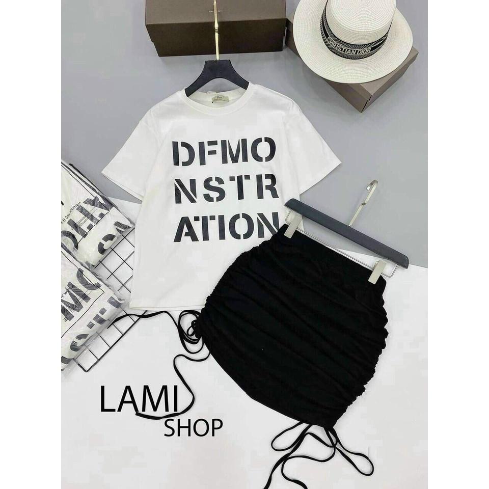Set áo thun họa tiết chữ siêu xinh mix chân váy rút dây bên hông siêu hot không kém phần sexy