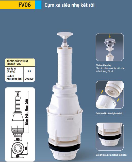 FV06 - Cây xả, van xả nước bồn cầu 1 nhấn két rời siêu nhẹ