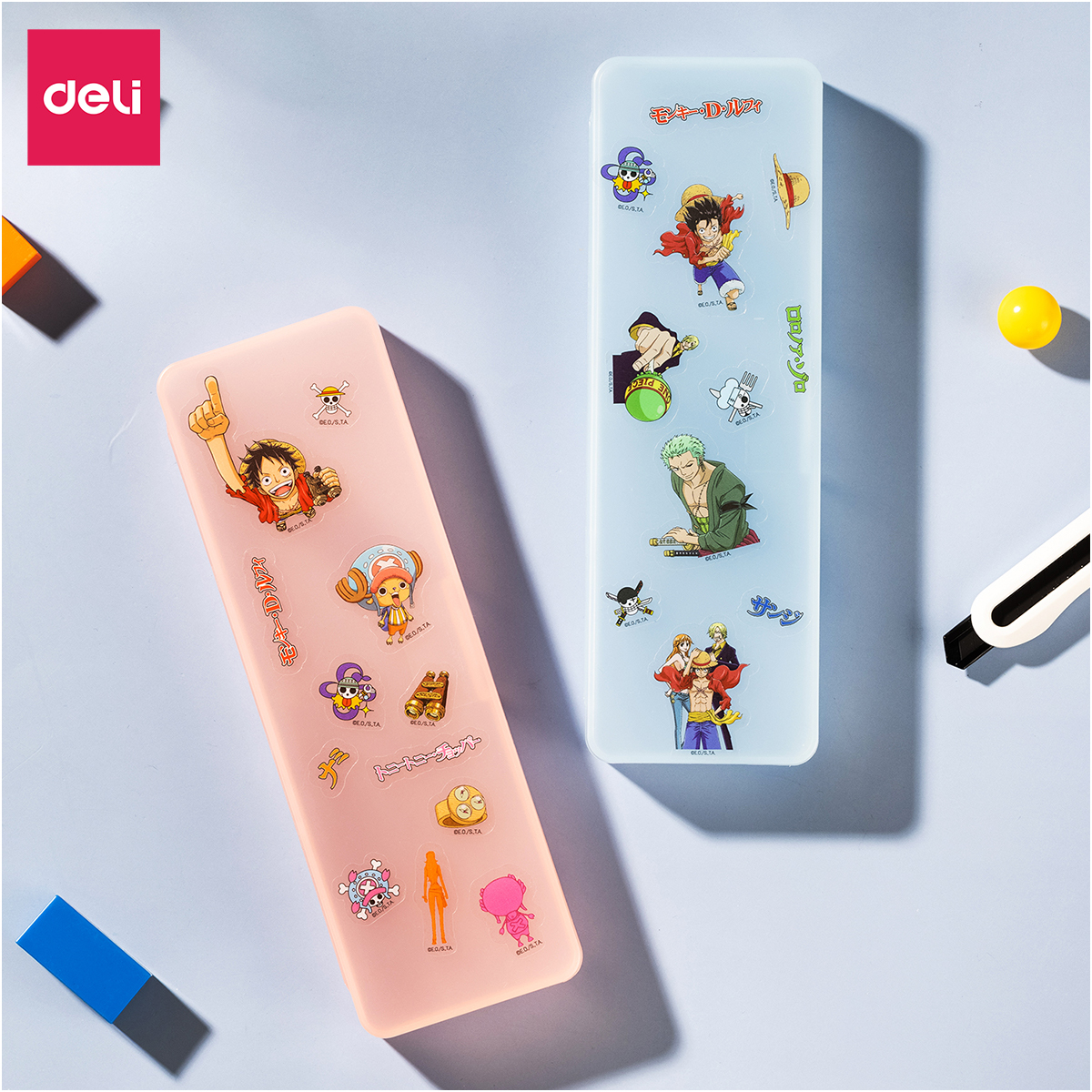 Hộp đựng bút nhựa học sinh Đảo Hải Tặc One Piece tặng kèm sticker Deli - Màu xanh / hồng - Nhựa an toàn - EH901