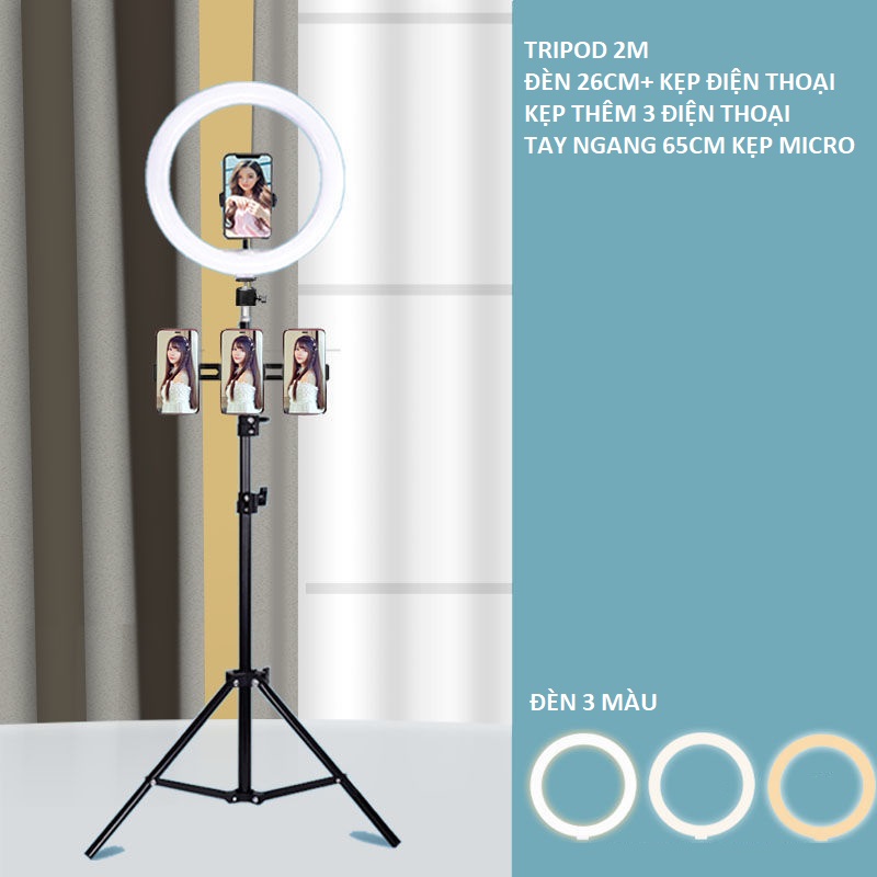 Combo đèn 26cm chân cao 2 mét, 3 kẹp điện thoại kèm tay ngang livestream bán hàng , trình diễn sân khấu..