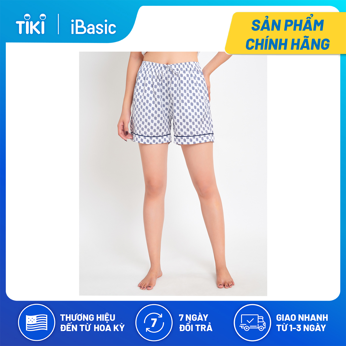 Quần đùi pyjama nữ ngắn lụa Satin hoạ tiết icon iBasic HOMW028B