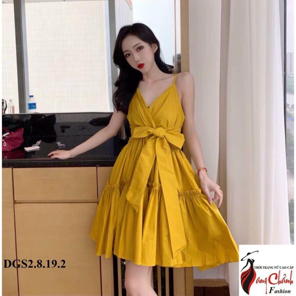 Váy đầm nữ hai dây cổ V cột nơ eo (có mút ngực) thiết kế dịu dàng quyến rũ