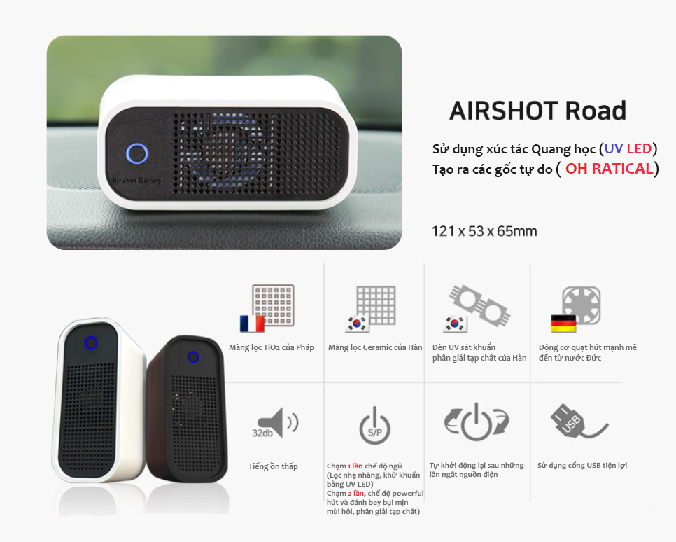 Máy lọc không khí ô tô Airshot Road | Sản phẩm chính hãng Hàn Quốc | Sử dụng công nghệ đèn LED UV khử trùng mạnh mẽ