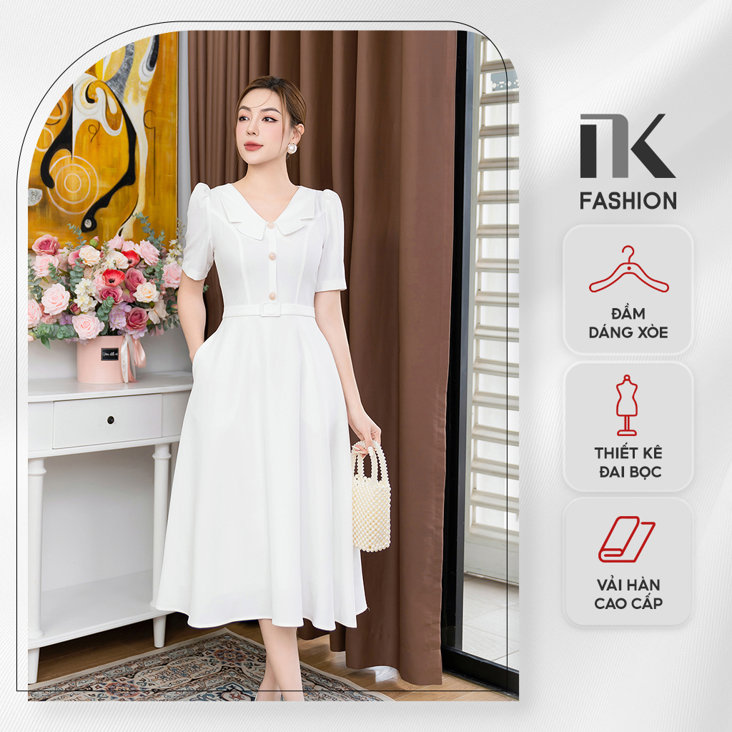 Đầm Xòe Cổ Sóng Thiết Kế Đai Bọc NK FASHION Trẻ Trung Thanh Lịch Chất Vải Nhập Hàn Cao Cấp Không Nhăn NKDV2302002