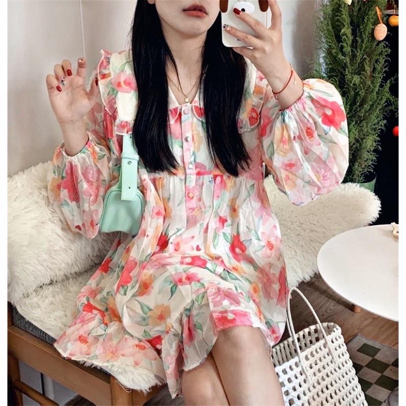 ĐẦM BABYDOLL TAY DÀI HOẠ TIẾT HOA PHONG CÁCH HÀN QUỐC